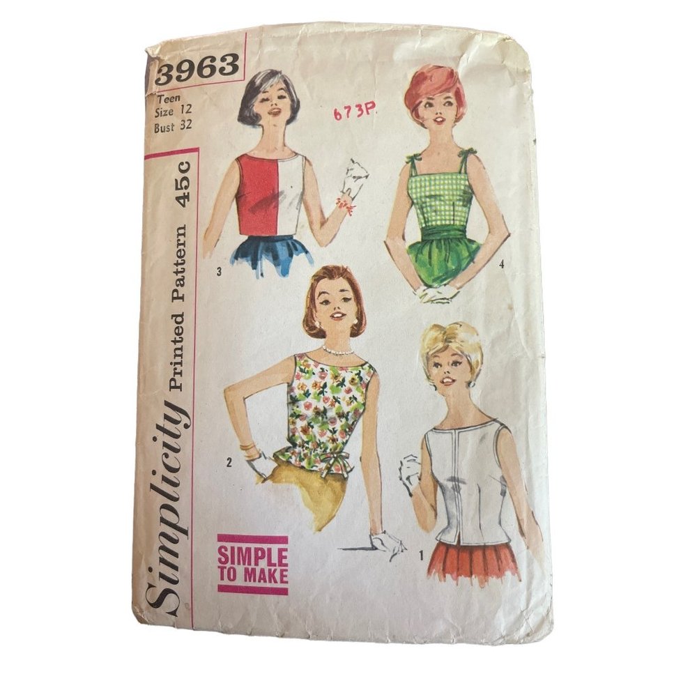 Simplicity 3963 Vintage 60s Blouse Pattern Teen size 12